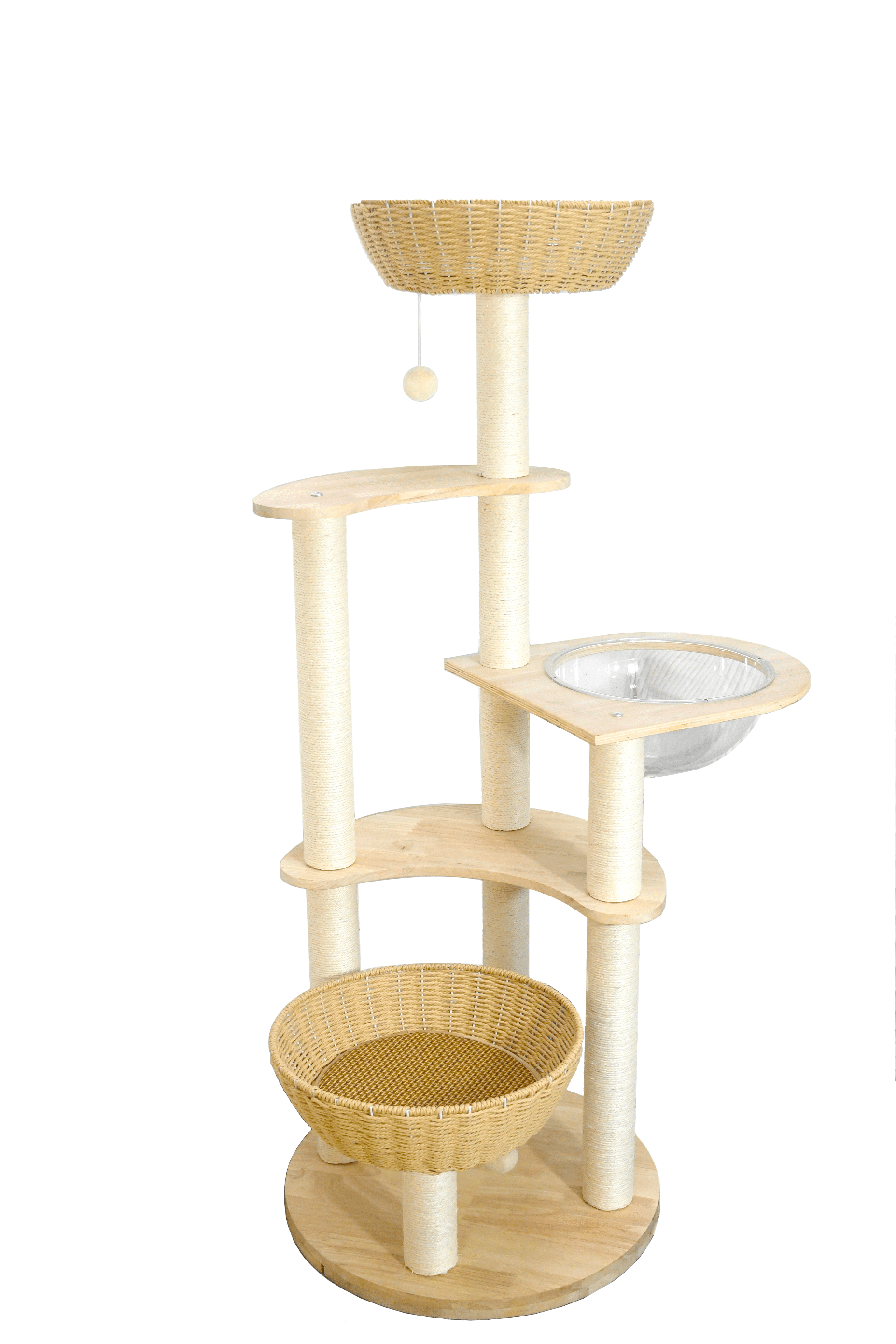 54" Modern Soild Wood Cat Tree for Large Cats, Luxury MultiLevel Oak