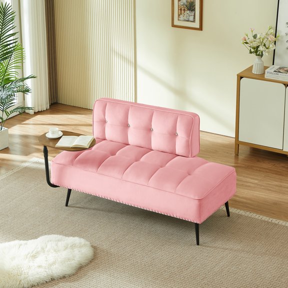54" Modern Two-Seater Velvet Sofa with Rotating 360 Side Table, Plush Cushions, Included Bench & Ottoman, Space-Saving Design for Living Room, Bedroom, Apartment  Pink
