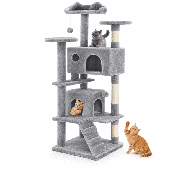 54" Multi-Level Cat Tree Tower with Sisal Scratching Posts, 2 Cozy Condos, Perches, Climbing Ladder, and Hanging Toys, Stable Indoor Kitten Activity Center