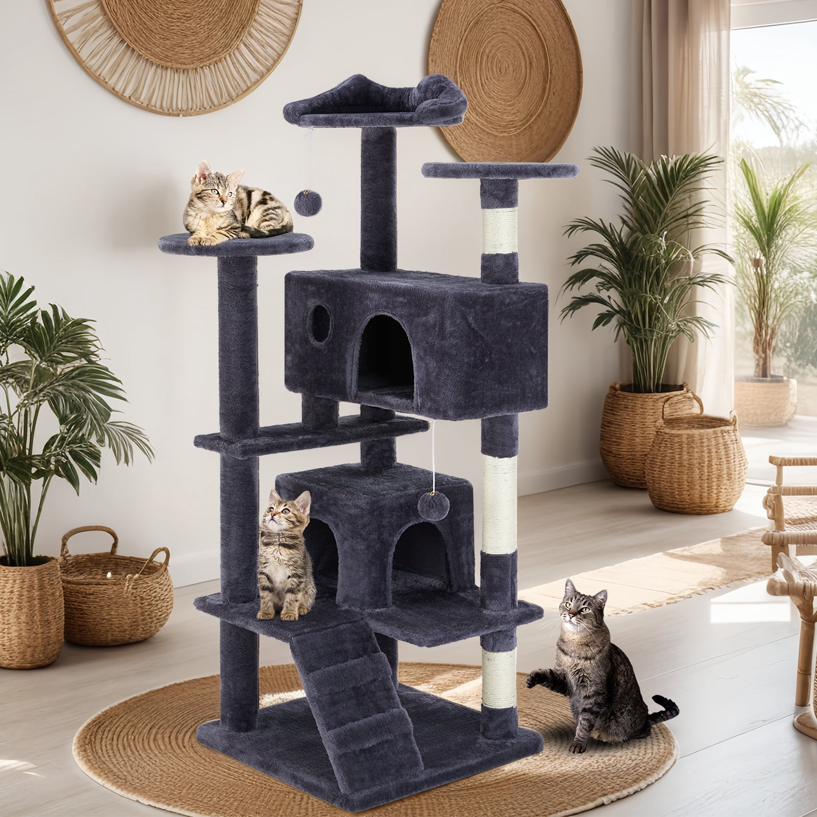 54" Multi-Level Cat Tree Tower with Sisal Scratching Post, Indoor Cat Climbing Tower with Ladder & Plush Toys for Rest & Play