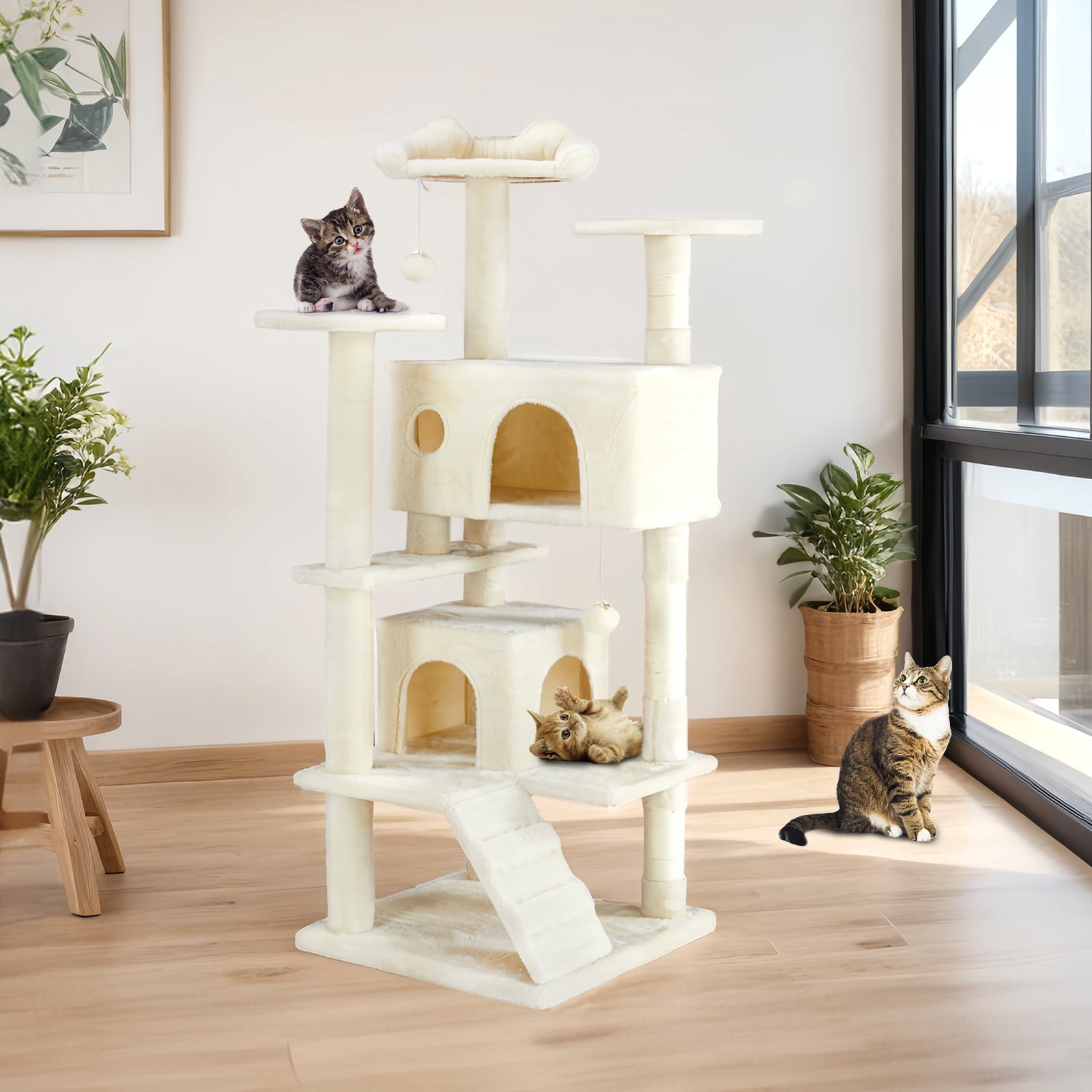 54" Multi-Level Cat Tree Tower with Sisal Scratching Post, Indoor Cat Climbing Tower with Ladder & Plush Toys for Rest & Play