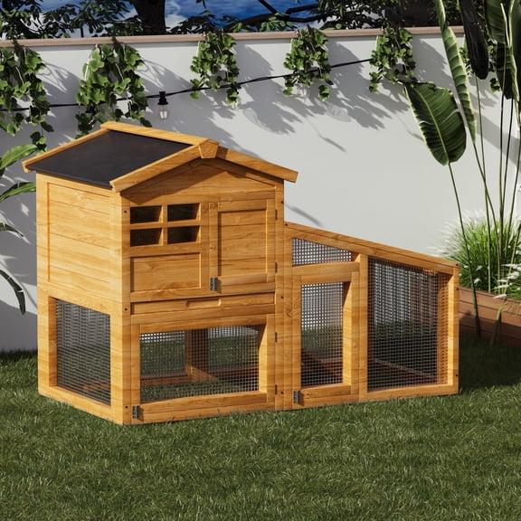 54" Natural Oak Rabbit Hutch, 2-Tier Wooden Bunny Cage with Non-Slip Ramp & Removable Tray, Indoor/Outdoor Bunny Cage with Weatherproof Asphalt Roof for Rabbits, Guinea Pigs, Chickens