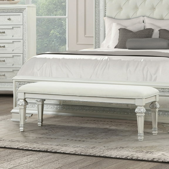 54" Ornate Tufted Bench Ash Burl Veneer Diamond Button Design Silver Accents Cream Fabric 19.5" Height