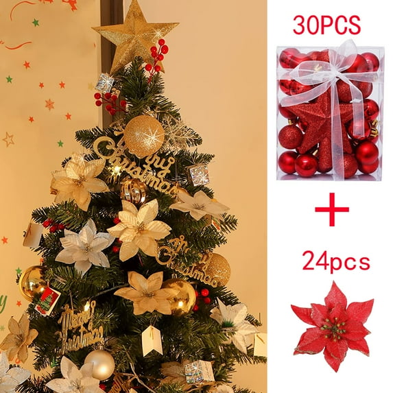 54 PCS Christmas Tree Decoration, 29PCS Shatterproof Christmas Ball 24 PCS Glitter Poinsettia Flowers 1PC Star Shape Tree Topper Ornament Set