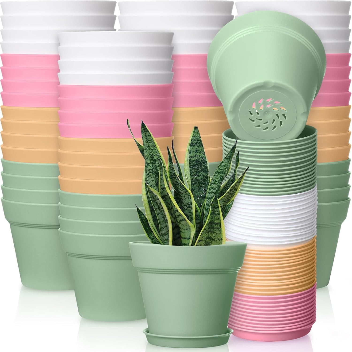 54 Pack 4 Inch Plant Pots Bulk Small Planter with Drainage Hole and Saucer Small Plastic Pots for Flowers Succulent Cactus and All House Indoor(Colorful)