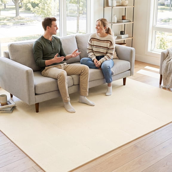 54 Pack Eva Foam Floor Tiles, Non-Slip Surface, Interlocking Borders, 0.4 in Thick Padding, Beige