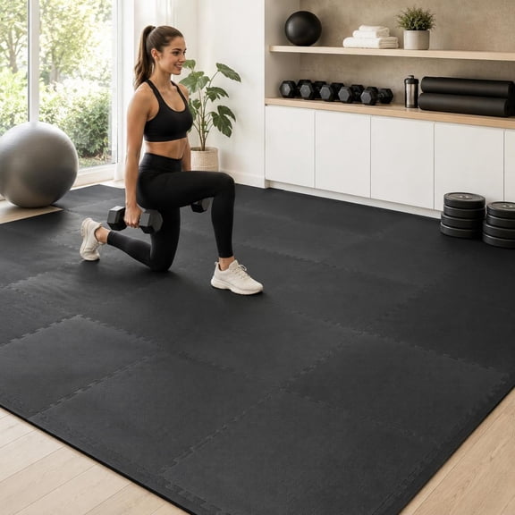 54 Pack Eva Foam Floor Tiles with Non-Slip Surface and Borders for Home Gym, Black