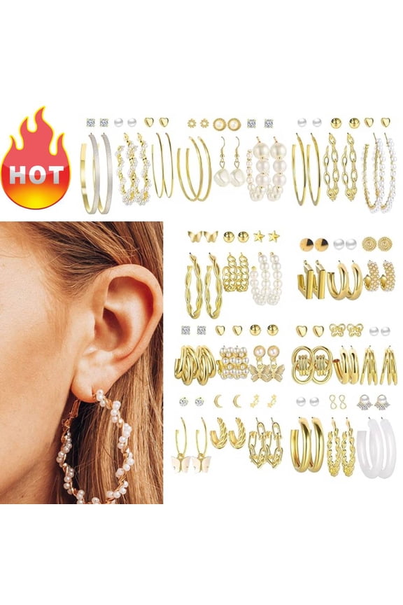 54 Pairs Gold Hoop Earrings Set for Women Multipack, Boho Fashion Statement Stud Hoop Earring Pack Butterfly Shaped Assorted Small Big Earrings