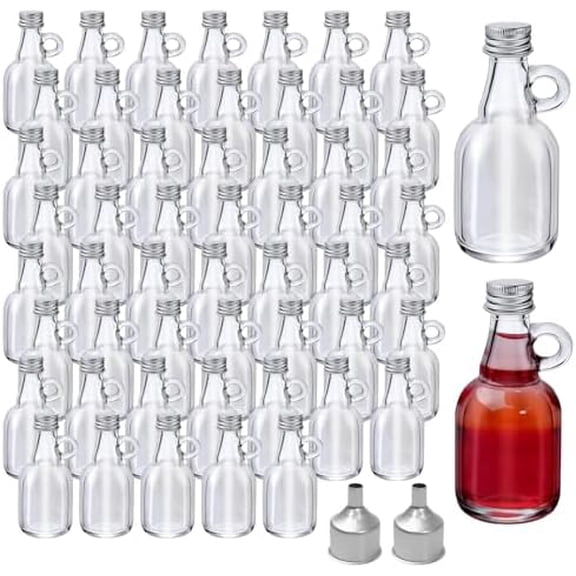 54 Pcs 1.7oz Glass Syrup Bottles with Aluminum Lids, Loop Handle, 2 Funnels, Clear Glass Reusable Maple Syrup Jars for Storage, Juice, Milk, Sauce, Oil, Potion, Liquor$$Home Decor, Kitchen, & Other