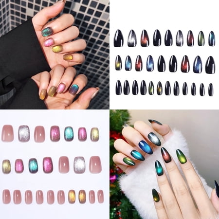 54 Pcs Flashing Light Bulbs Cat Eye Press On Nails, Reflective Starry Sky Design, Detachable Full Coverage Nails for Women & Girls