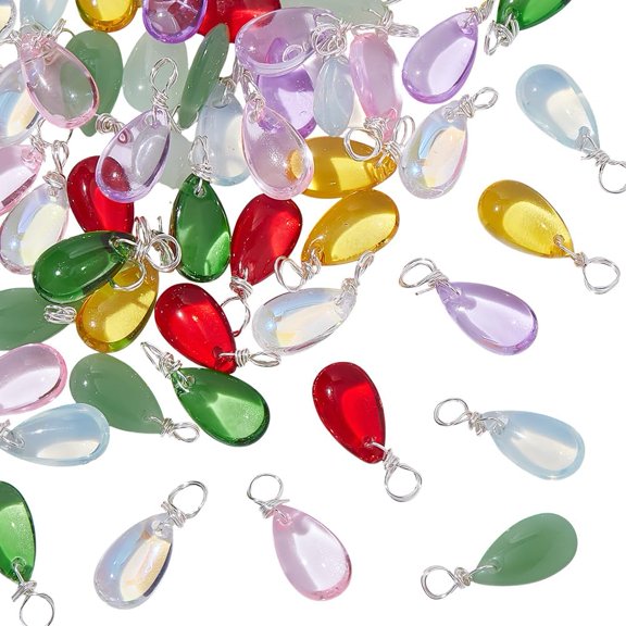 54 Pcs Lampwork Teardrop Charms 9 Colors Dangle Pandents Transparent Glass Beads with Silver Wire Wrapped Drop Bead Charms for Necklace Bracelet Jewelry Making