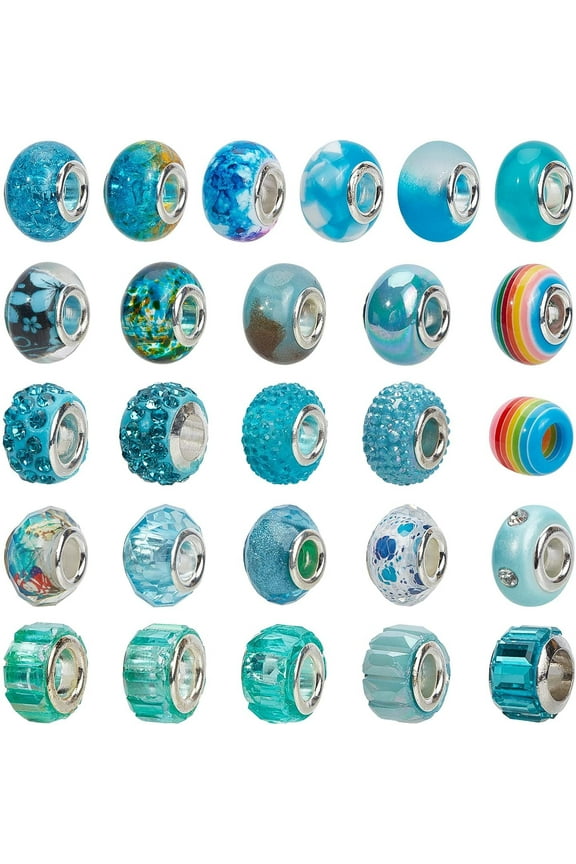 54 Pcs Mixed Style and Colors European Beads, Rhinestone Large Hole Glass European Charms Beads fit Bracelet Jewelry Making