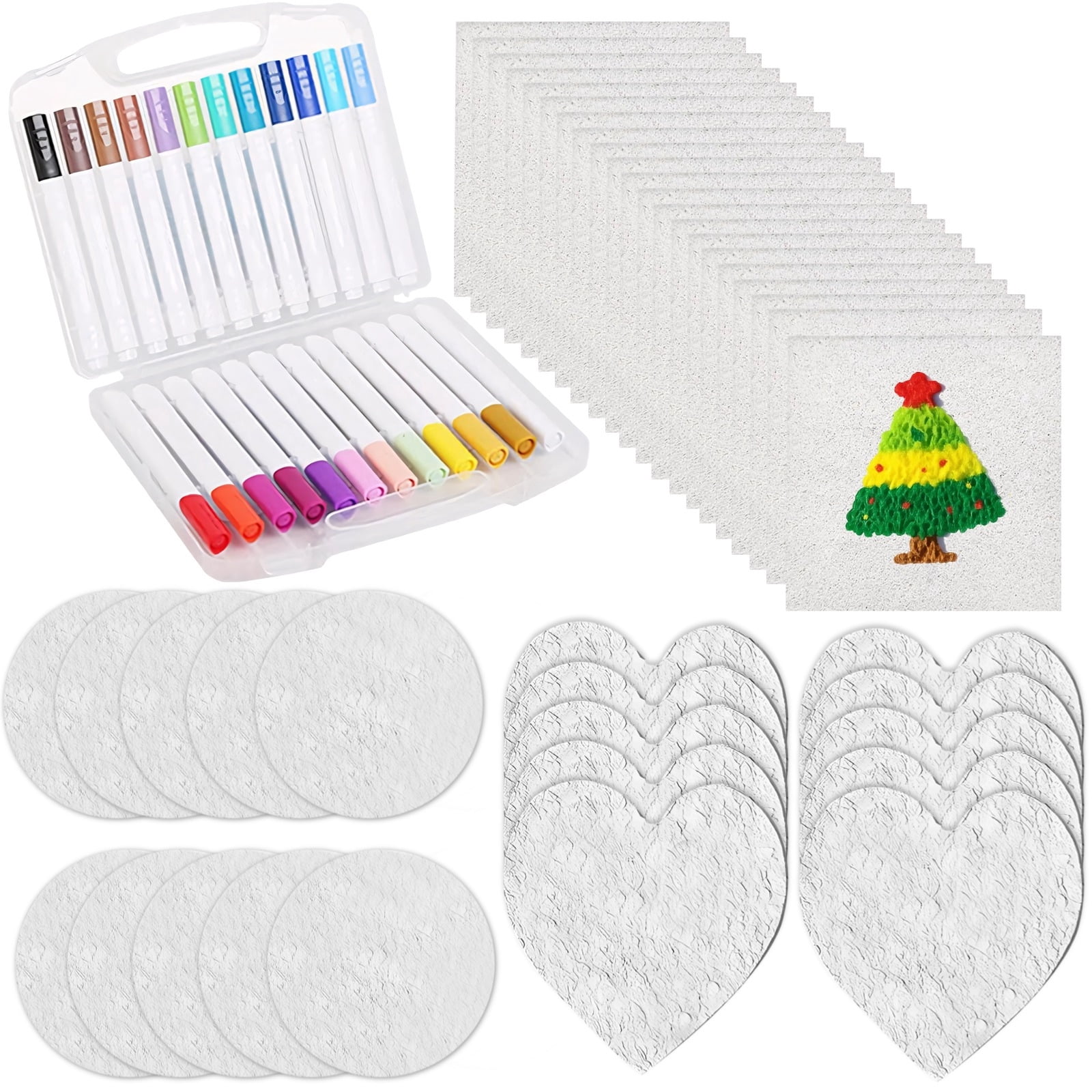 54 Pcs Texture Painting Kit, Wood Pulp Cotton Arts And Crafts Set, Includes 20 Square, 10 Heart, 10 Circle Boards, 2 Water Pens, 12 Color Pens