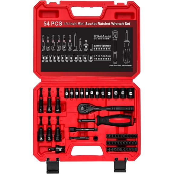 54 Piece 1/4" Mini Socket Ratchet Wrench Set, Magnetic Nut Driver Set, Metric Shallow Socket (4-14mm), 6-Point, Mini Ratcheting Wrench, Screwdriver Bit, Universal Joints and 3" Extensions