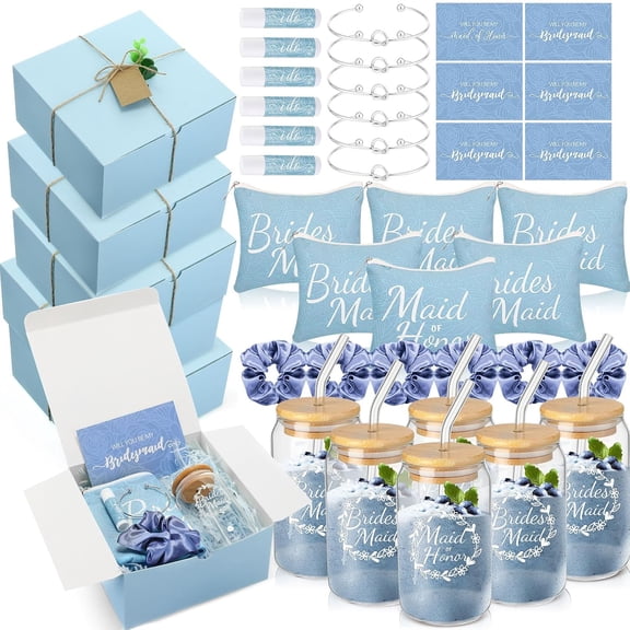 54-Piece Bridesmaid Proposal Gift Set with Gift Box Makeup Bag Invitation Card Glass Cup Lip Balm Scrunchie Knotted Bracelet Blue