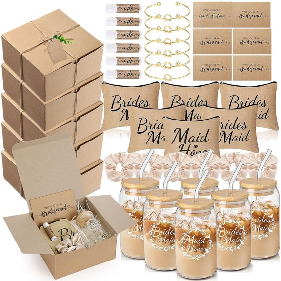 54-Piece Bridesmaid Proposal Gift Set with Gift Box Makeup Bag Invitation Card Glass Cup Lip Balm Scrunchie Knotted Bracelet Kraft Brown