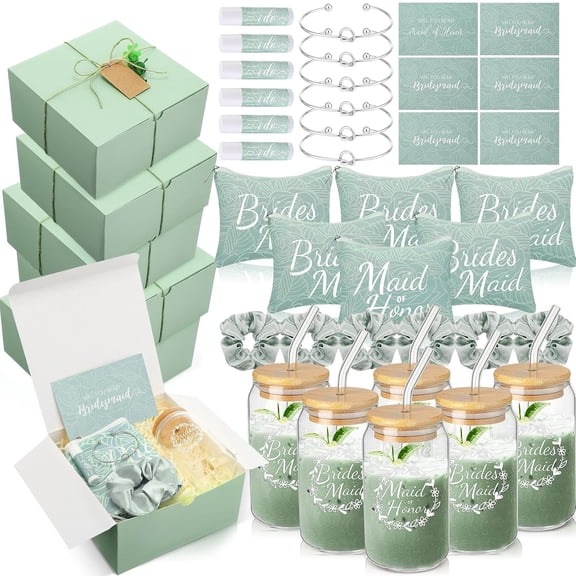 54-Piece Bridesmaid Proposal Gift Set with Gift Box Makeup Bag Invitation Card Glass Cup Lip Balm Scrunchie and Knotted Bracelet Green