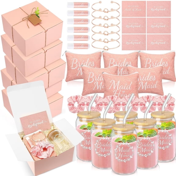 54 Piece Bridesmaid Proposal Gift Set with Gift Box Makeup Bag Invitation Card Glass Cup Lip Balm Scrunchie and Knotted Bracelet Pink
