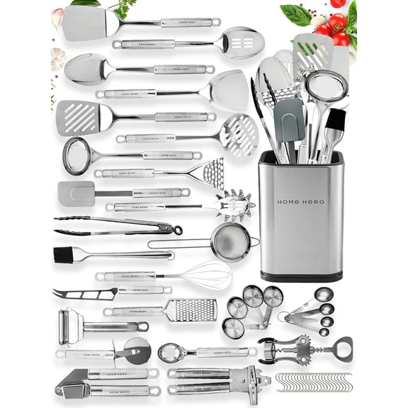 54-Piece Stainless Steel Kitchen Utensils Set - Heat-Resistant Nonstick Silicone & Stainless Steel Cooking Utensils - Complete Tools with Slotted Spoon & Pasta Spoon - Pack of 54, Silver