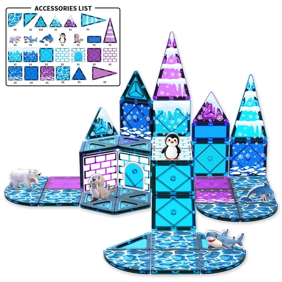 54-Piece Winter Magnetic Building Tiles Set, Colorful Magnetic Blocks, Snow and Ice Theme Construction Set with Geometric Shapes for Creative Building, Home and Classroom