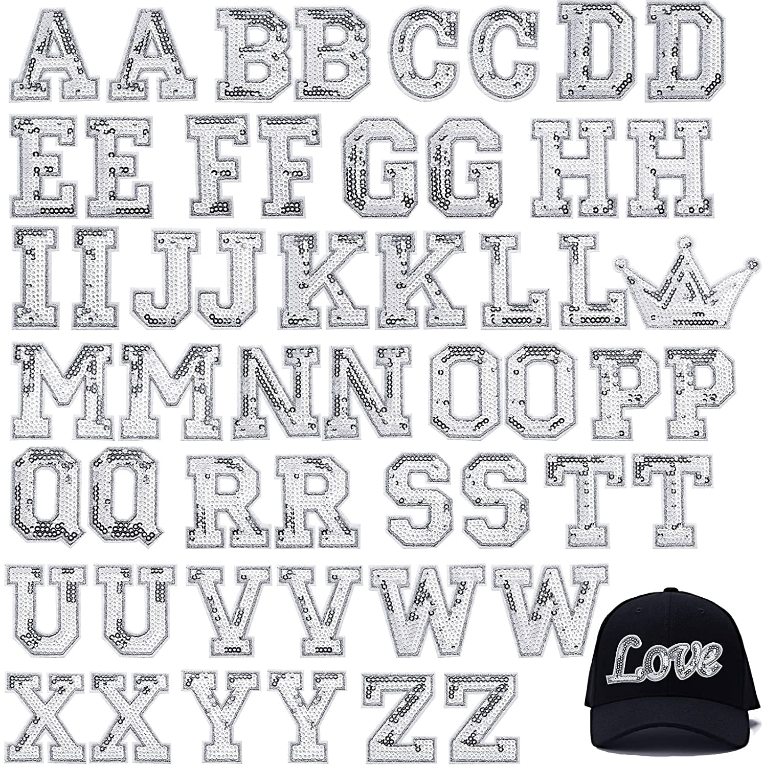 54 Pieces Iron on Sequin Letters Alphabet Patches Iron on Appliques Love Design Sew on Patches Glitter Hotfix for Bag Shoes DIY Craft Supplies(Silver)