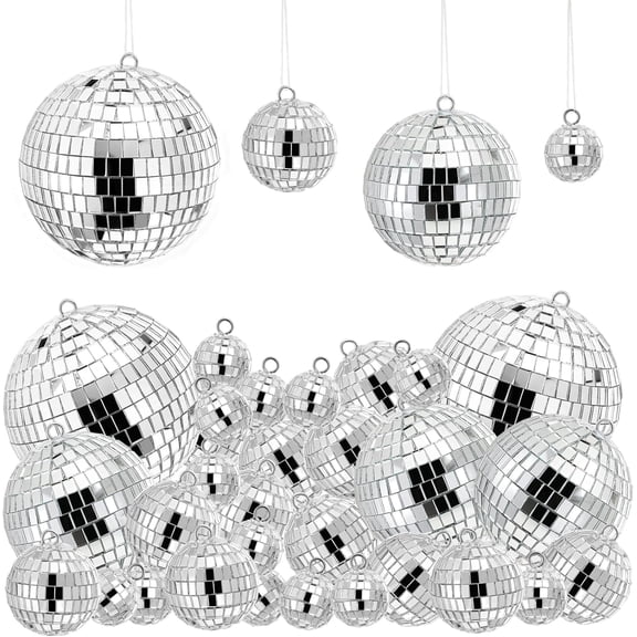 54 Pieces Mini Disco Ball Decor Ornaments, 4 Sizes Glitter Silver Small Hanging Mirror Disco Ball Decoration with Rope for Christmas Tree, Cake Topper, Music Prom, Party, Wedding