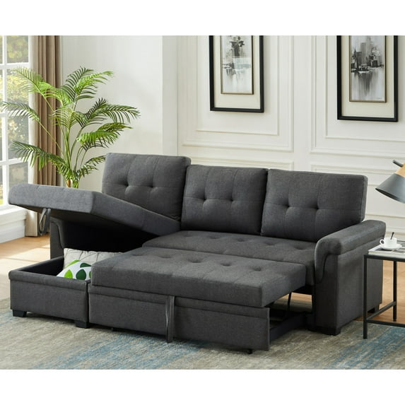 54" Pull Out Couch, Convertible Sectional Sofa Couch with Storage Chaise and Button Tufted Back, L Shaped Linen Reversible Sleeper Sofa Bed Couch for Living Room, Bedroom, Home Furniture, Apartment
