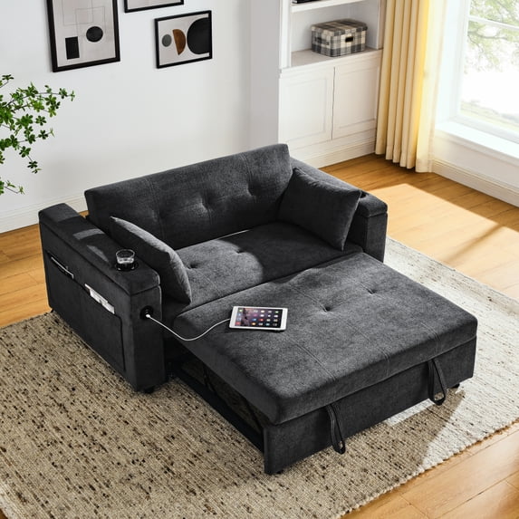 54" Pull-Out Sleeper Sofa Bed Double Seat Recliner Sofa Bed with Armrests with Storage and Side Pockets,Adjustable Backrest and Lumbar Pillow for Apartments,Living Rooms,etc.with USB Power Outlet