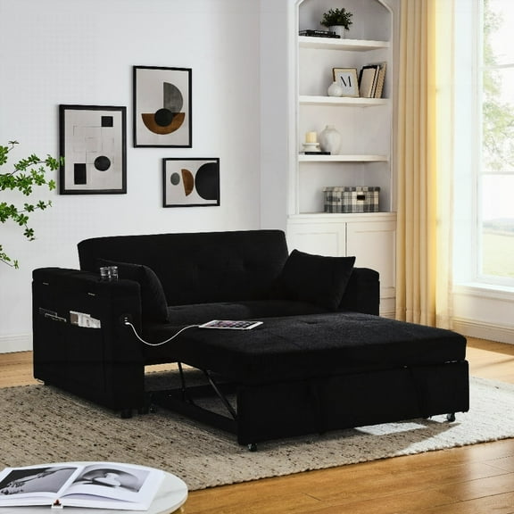 Modern Fabric 54" Pull-Out Sleeper Sofa Bed with Storage and USB Ports