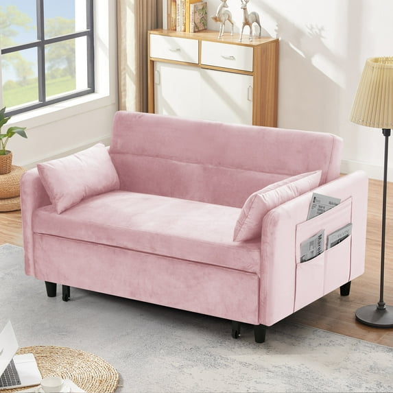 54" Pull Out Sofa Bed with 2 Pillowsa, Modern Oversized 2 Seater Velvet Couch with Adjustable Backrest & Storage Bag, Accent Upholstered Sleeper Sofa for Bedroom, Living Room, Office, Pink