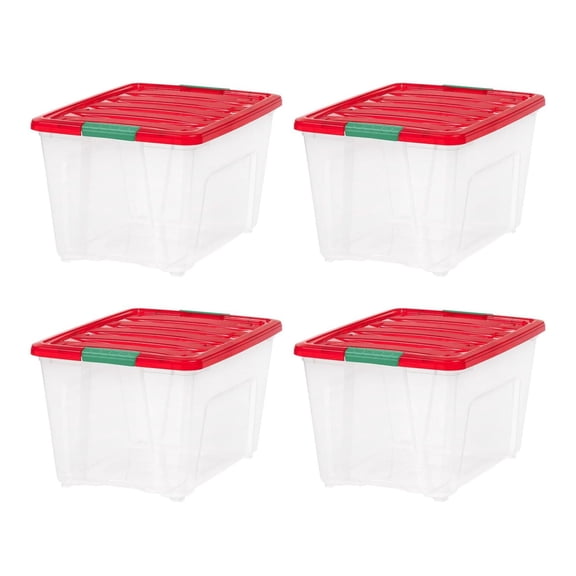 54 Qt Stackable Storage Bins - 4 Pack - Holiday Plastic Containers with Lids & Latches - Clear Red - Modular Organization for Home, Closet, & Seasonal Decor