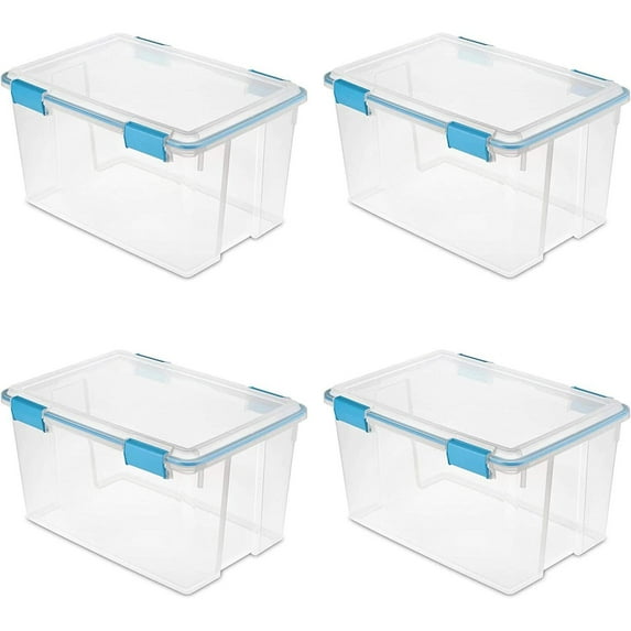 54 Quart Clear Plastic Stackable Storage Container Box Bin with Air Tight Gasket Seal Latching Lid Long Term Organizing Solution, 4 Pack