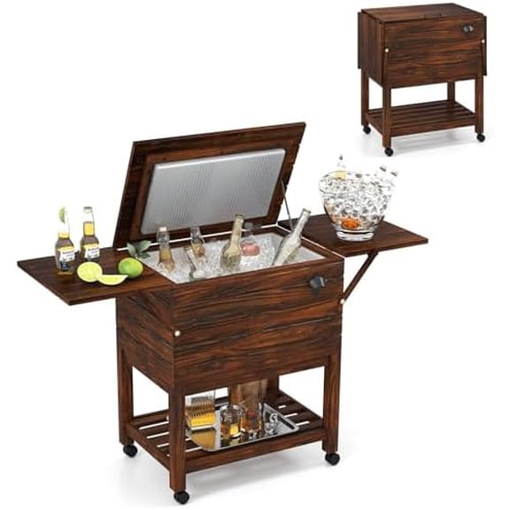 54-Quart Patio Cooler on Wheels, Rolling Ice Chest Cooler Cart with Bottle Opener, Lockable Wheels, 2 Drop Leaf Tables & Bottom Shelf, Outdoor Cooler Cart for Party, BBQ, Poolside, Backyard