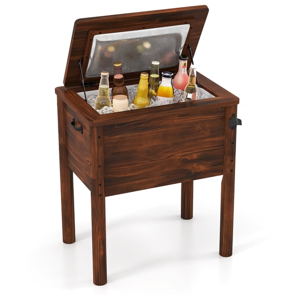 54 Quart Wooden Patio Cooler with Built-In Bottle Opener, Solid Pine Ice Chest with 3 Transport Handles & Drainage Plug, Outdoor Beverage Cooler for Yard Poolside Party, Brown