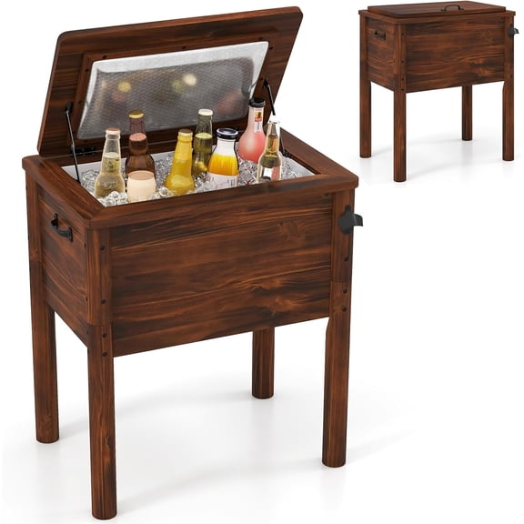 54 Quart Wooden Patio Cooler Table Retro Rustic Pine Wood Outdoor Beverage Ice Chest with 3-Layer Insulation Bottle Opener Drain Plug for Backyard Poolside Deck Party