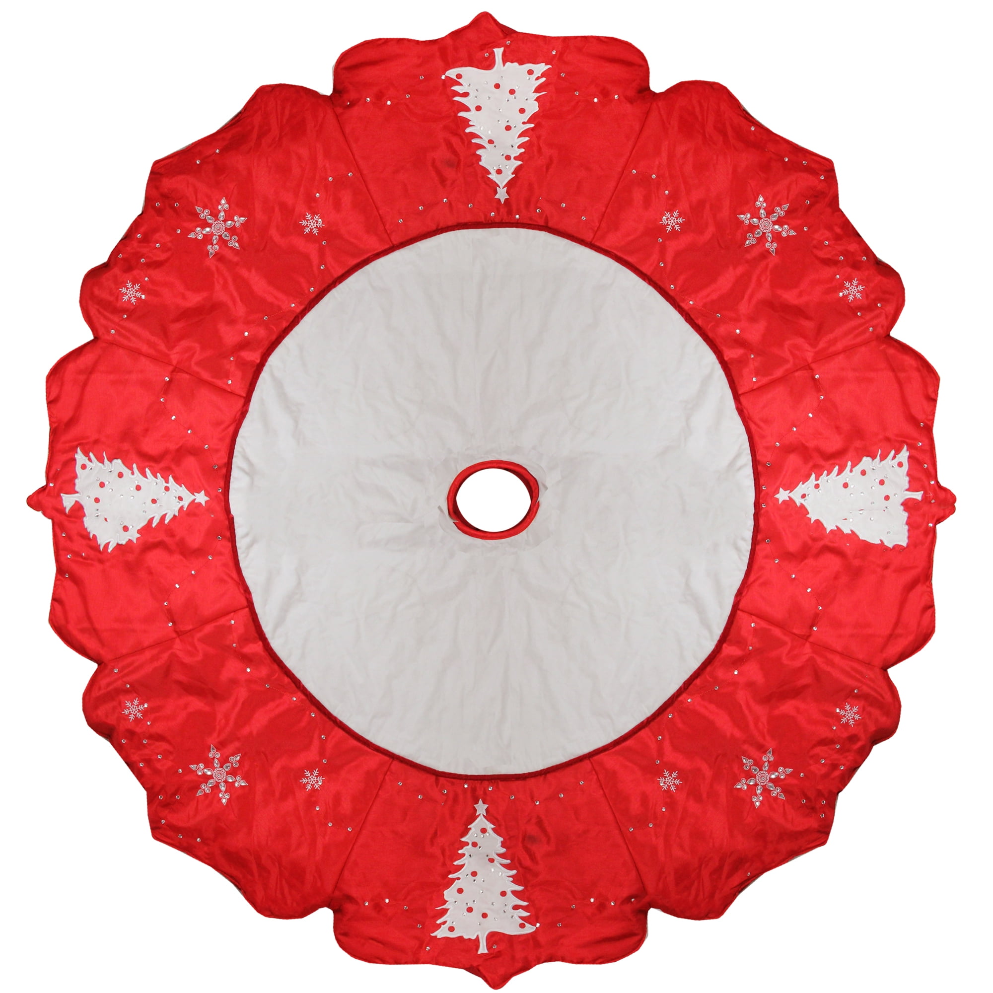 54" Red and White Embroidered Jeweled Tree with Snowflake Christmas Tree Skirt