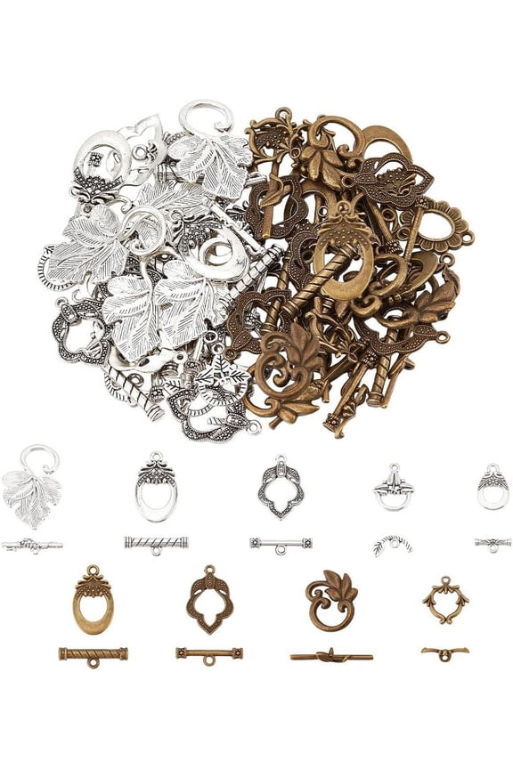 54 Sets 9 Styles Toggle Clasps Tibetan Jewelry Toggle Clasp Flower Oval Leaf Alloy Clasp Jewelry Clasps and Closures for Necklace Bracelet Jewelry Making Silver/Bronze