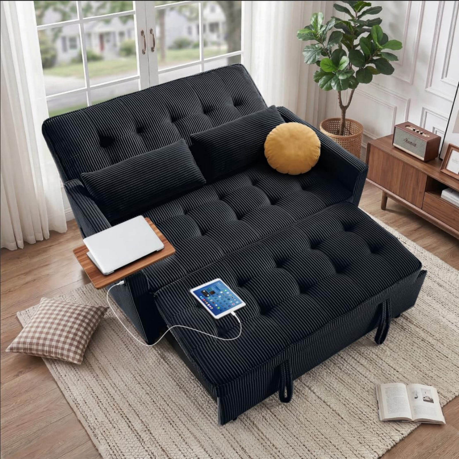 54" Sleeper Sofa Bed, Convertible Pull Out Couch Futon with Side Table, USB Charging Port, Corduroy Fabric, Adjustable Backrest Sofa Bed for Apartment Office, Black