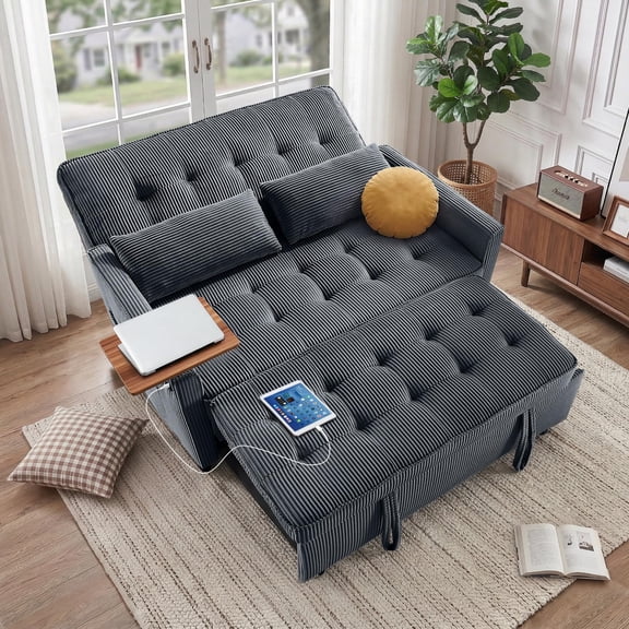54" Sleeper Sofa Bed, Convertible Pull Out Couch Futon with Side Table, USB Charging Port, Corduroy Fabric, Adjustable Backrest Sofa Bed for Apartment Office, Dark Gray