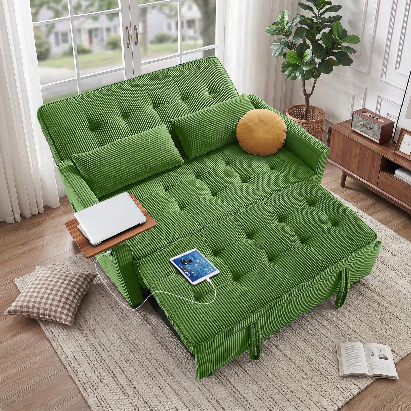 54" Sleeper Sofa Bed, Convertible Pull Out Couch Futon with Side Table, USB Charging Port, Corduroy Fabric, Adjustable Backrest Sofa Bed for Apartment Office, Green