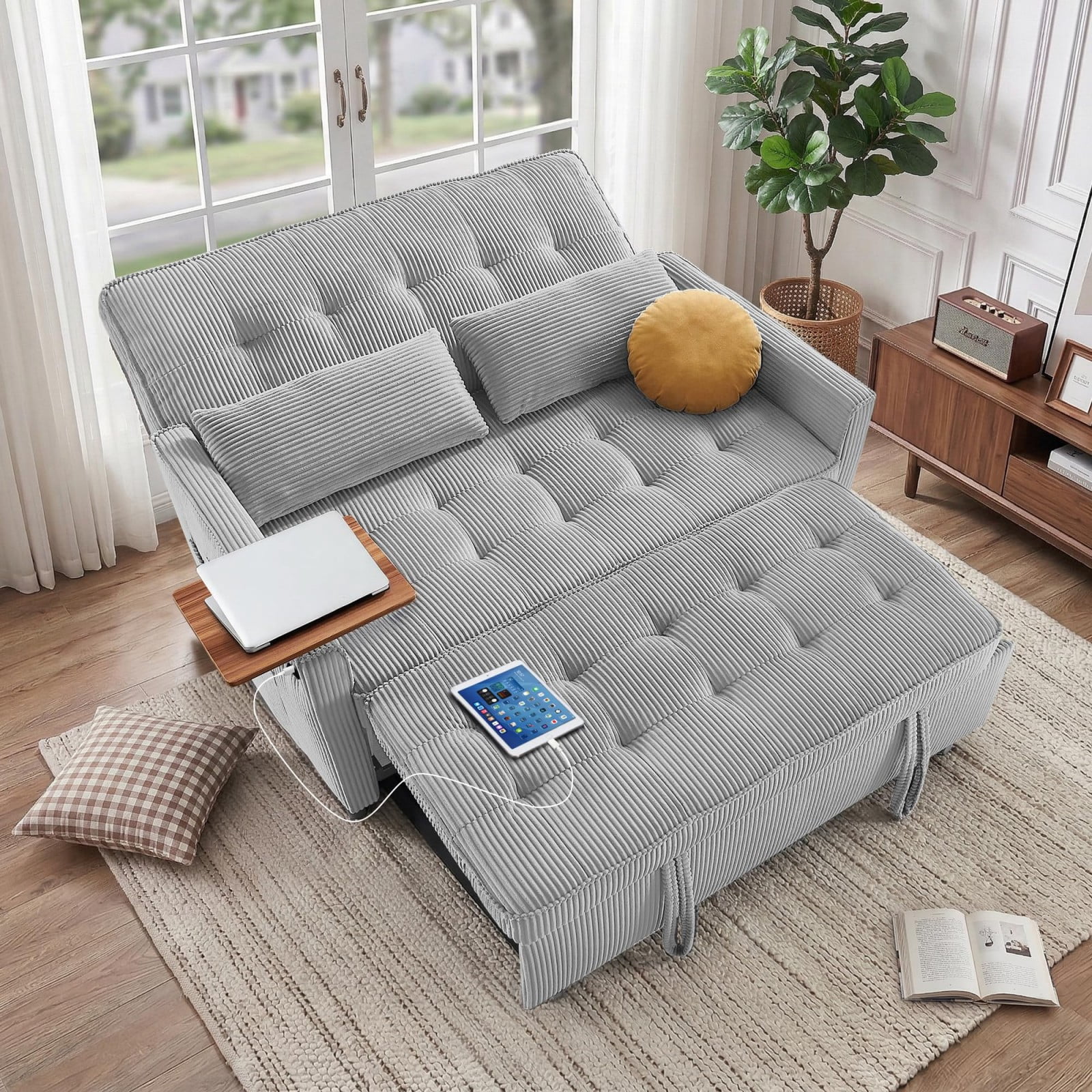 54" Sleeper Sofa Bed, Convertible Pull Out Couch Futon with Side Table, USB Charging Port, Corduroy Fabric, Adjustable Backrest Sofa Bed for Apartment Office, Light Gray