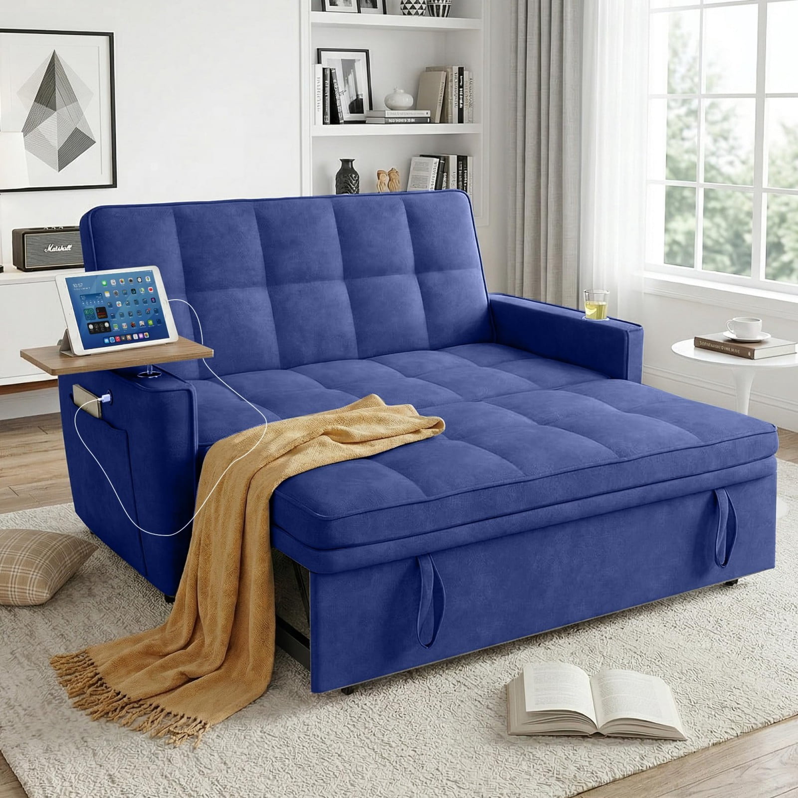 54" Sleeper Sofa Bed, Convertible Pull Out Couch Futon with Side Table, USB Ports, Cup Holder, Adjustable Backrest, Velvet Sofa Bed for Living Room Apartment, Dark Blue