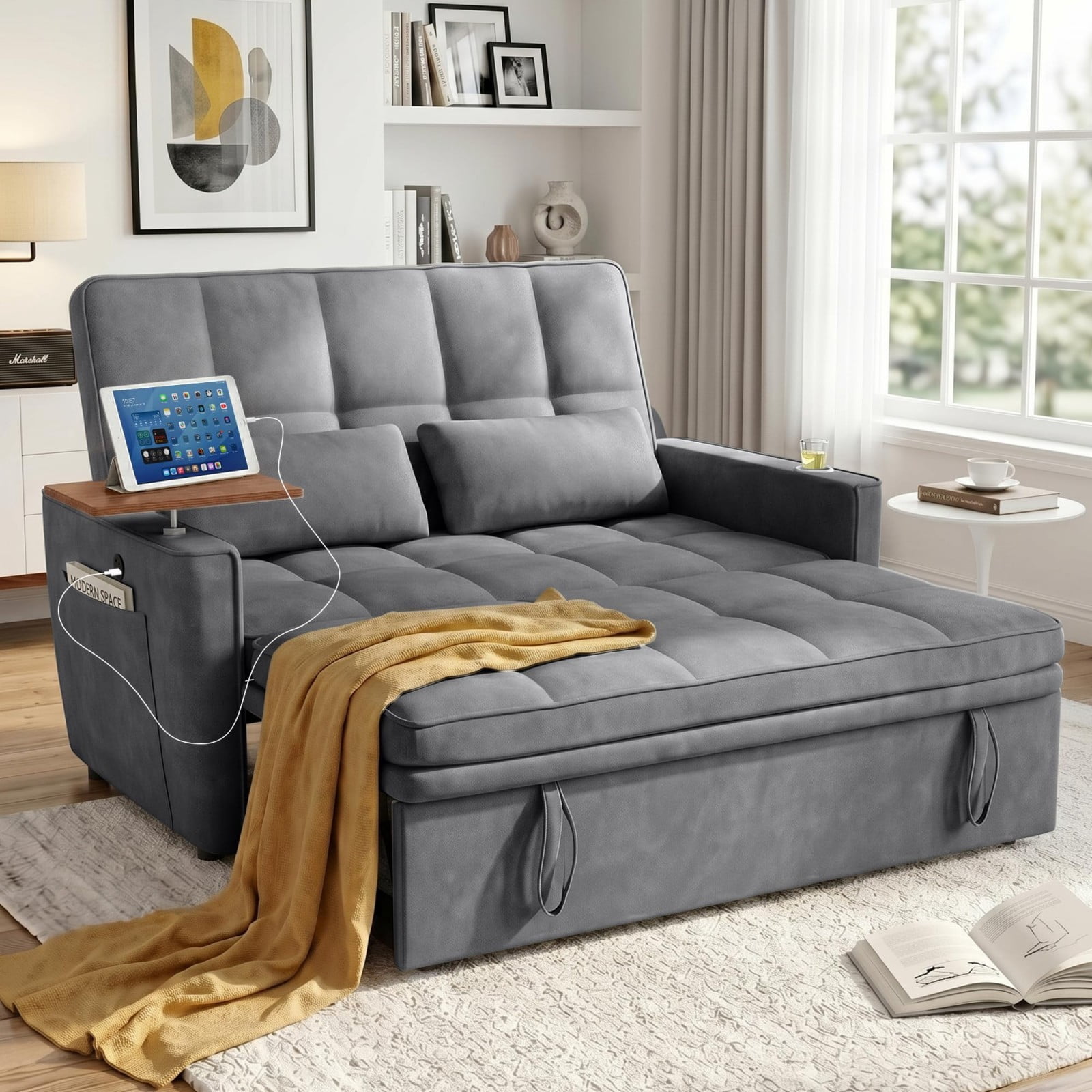 54" Sleeper Sofa Bed, Convertible Pull Out Couch Futon with Side Table, USB Ports, Cup Holder, Adjustable Backrest, Velvet Sofa Bed for Living Room Apartment, Dark Gray