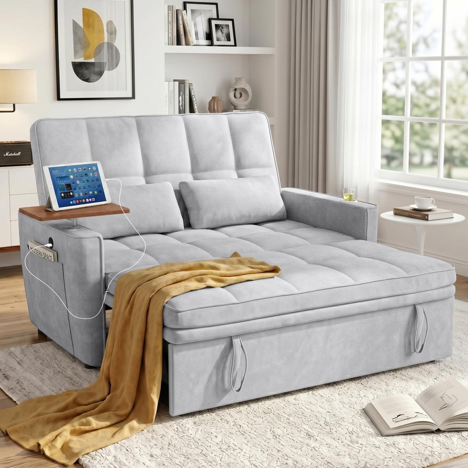 54" Sleeper Sofa Bed, Convertible Pull Out Couch Futon with Side Table, USB Ports, Cup Holder, Adjustable Backrest, Velvet Sofa Bed for Living Room Apartment, Light Gray