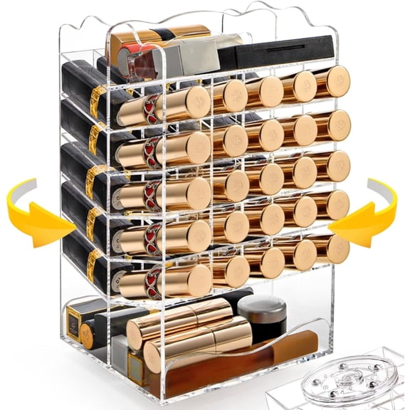54 Slots Acrylic Rotating Lipstick Organizer, 7 Tier Spinning Lipgloss Tower Holder, Clear Cosmetic Display Case, Rotable Lip Stick Display Rack Stand for Lip Gloss, Makeup Accessory, Lip Balm