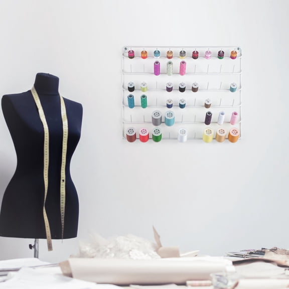 54-Spool Metal Thread Rack Wall Mount - White Sewing & Embroidery Organizer with Tool Storage