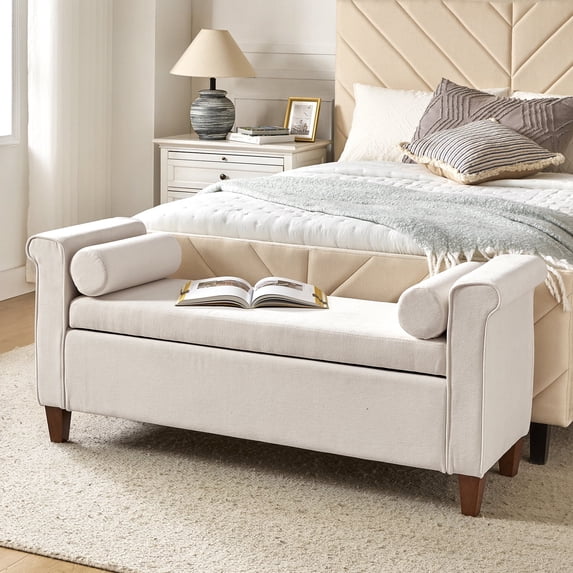 54" Storage Bench Upholstered Armrest 2 Round Pillows Bed End Foot Stool Bedroom Entryway Living Room Ivory