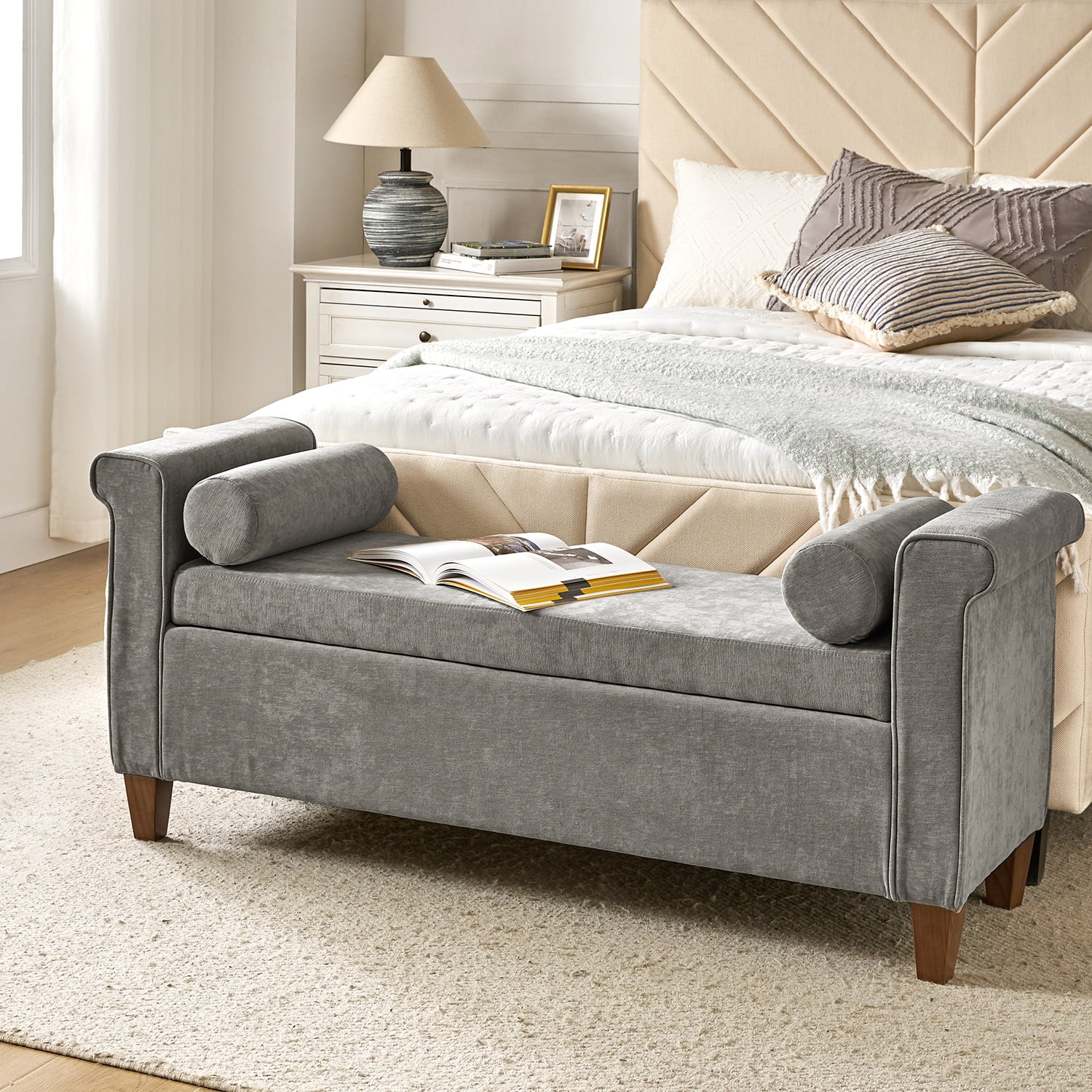 54 Storage Bench Upholstered Armrest Bed End Foot Stool 2 Round Pillows Bedroom Entryway Living Room Grey