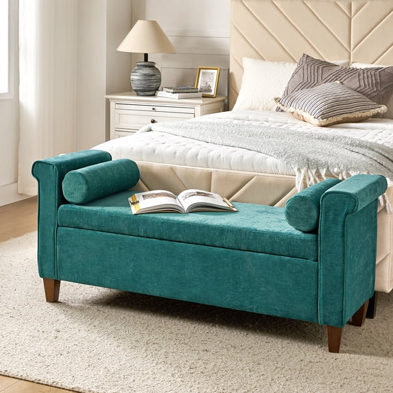 54" Storage Bench Upholstered Armrest Bed End Foot Stool 2 Round Pillows Bedroom Entryway Living Room Sage