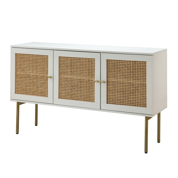 54" Storage Sideboard Cabinet,Tina's Home 3 Rattan Doors Metal Legs for Adult Dining Room White